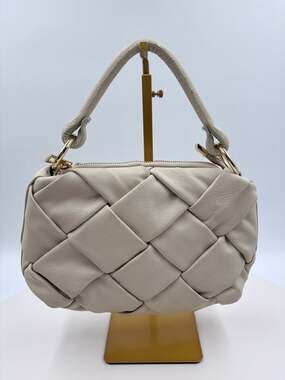 Valentina Fiore Leather Shoulder bag basket woven with rolled top handle.